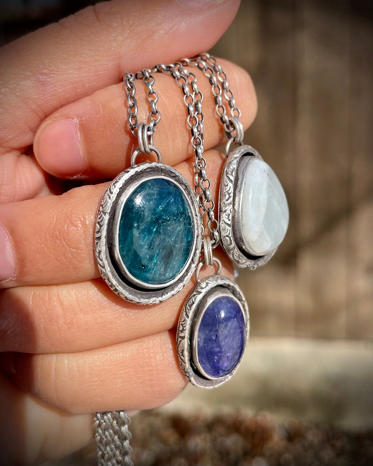 Patterned Border Gemstone Pendants