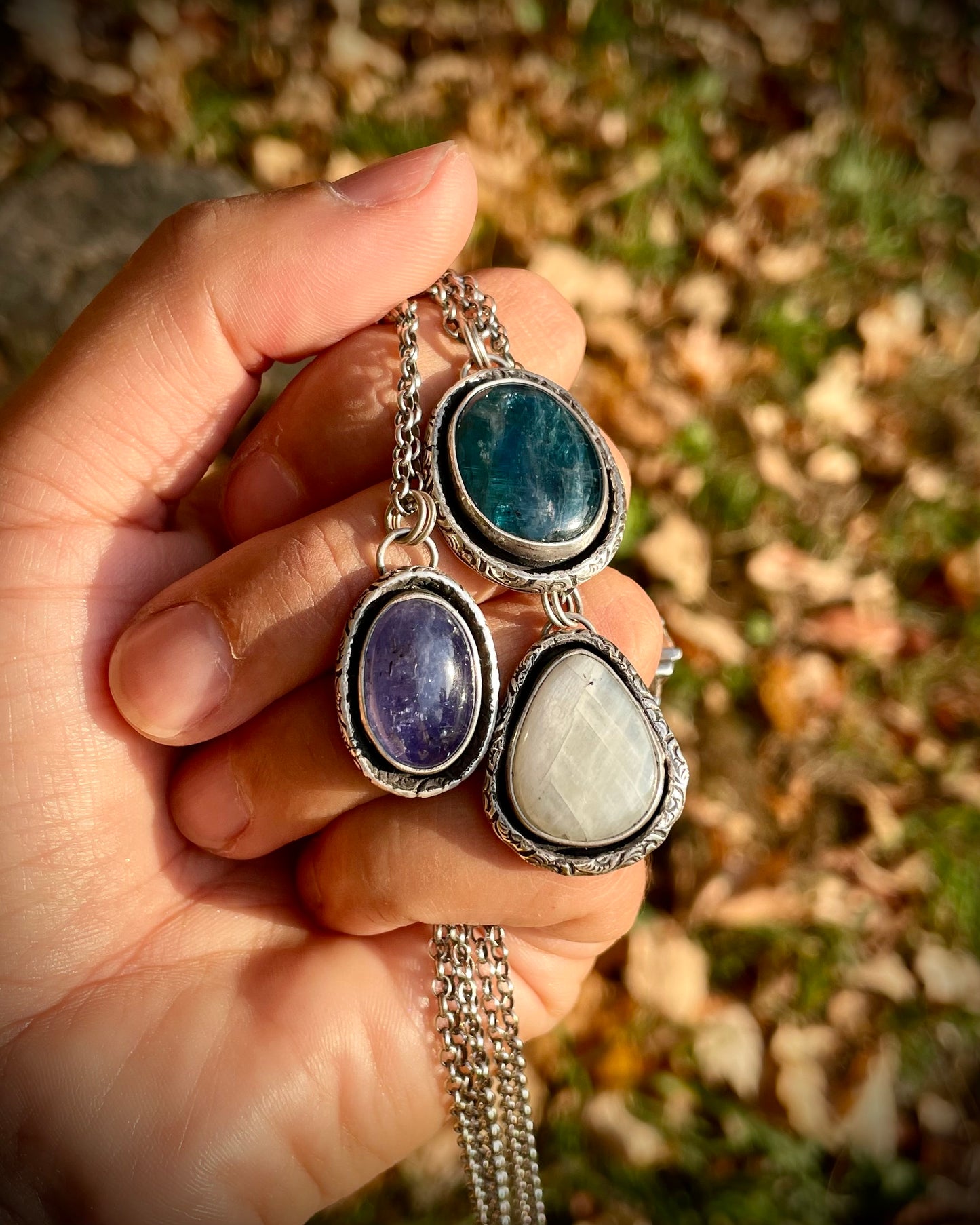 Patterned Border Gemstone Pendants