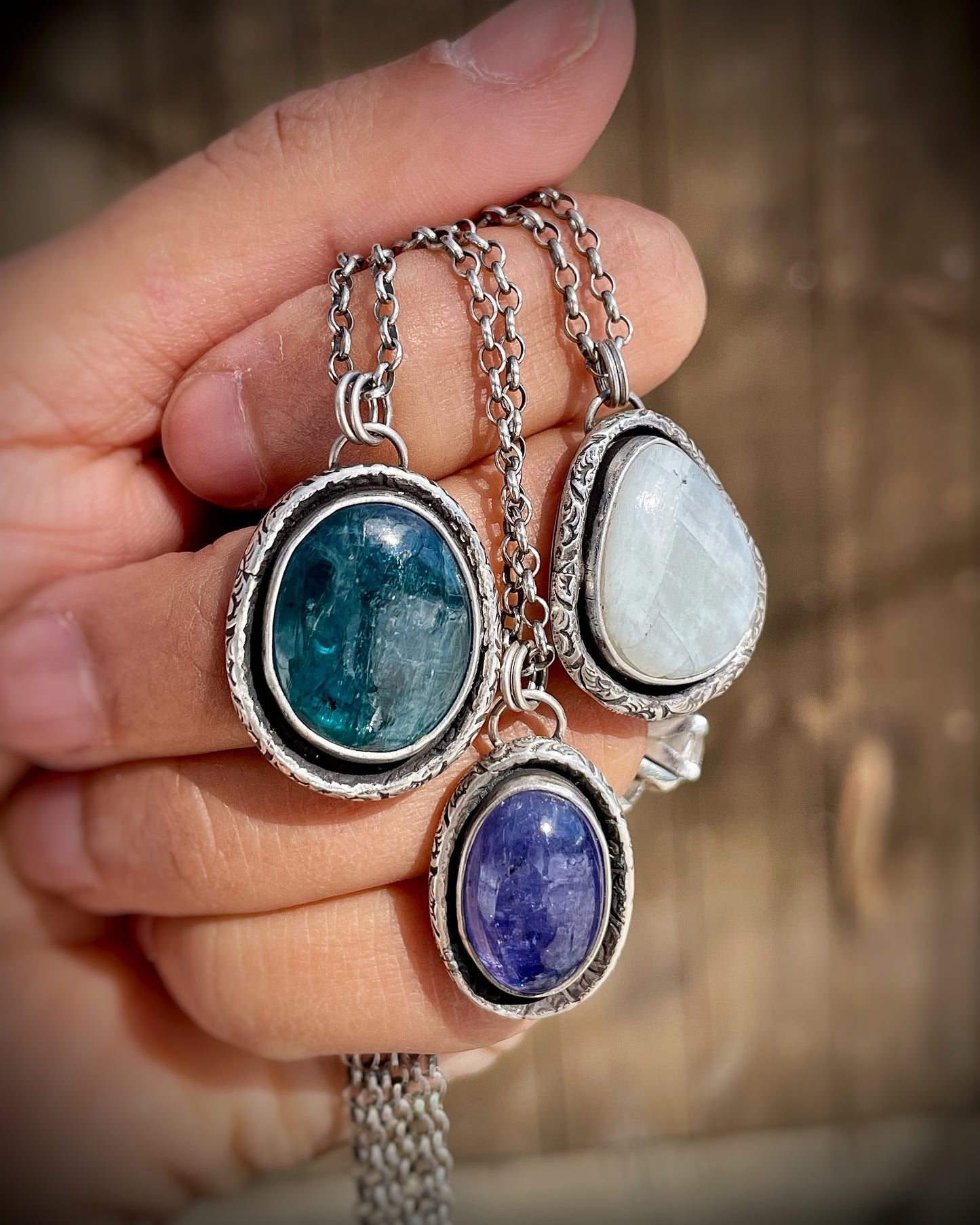 Patterned Border Gemstone Pendants