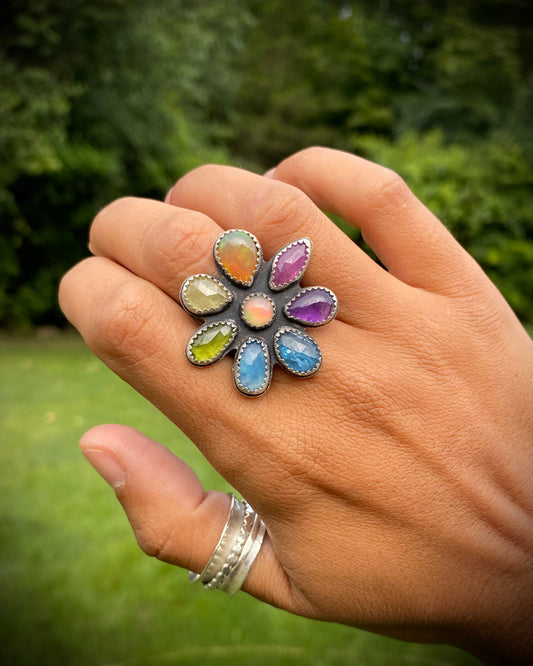 Rainbow Flower Statement Ring